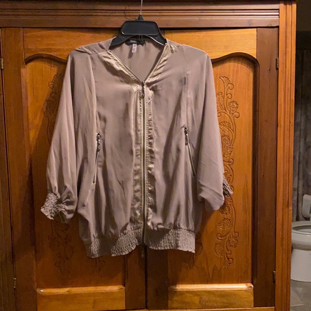 Sheer light brown top with 3 zippers